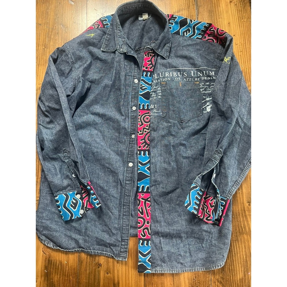 Azzure Denim Mens 2XL Blue Denim Button Down Shirt Tribal Print E‎ Pluribus Unum